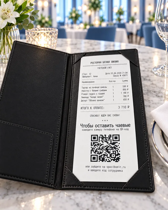 Чек для чаевых с QR-кодом Спасибо Мир в ресторане