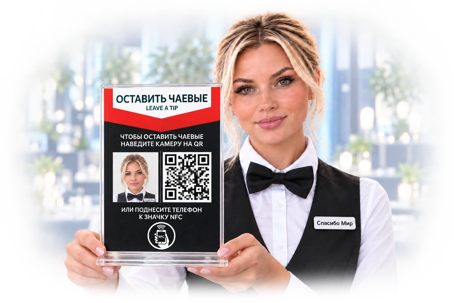 Официантка показывает тейбл-тент для чаевых с QR-кодом и NFC Спасибо Мир