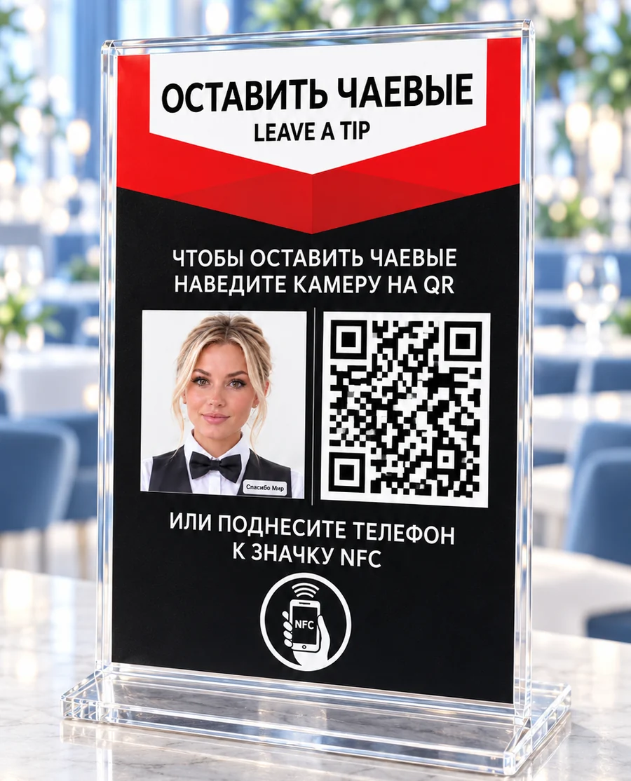 Тейбл-тент для чаевых с QR-кодом и NFC Спасибо Мир
